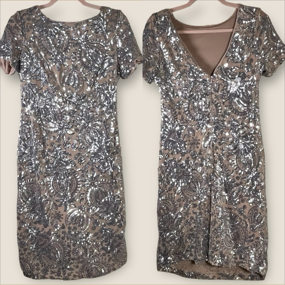 R&M Richards Silver Sequin Paisley V-Back Sheath Cocktail Dress 6 Evening Glam
